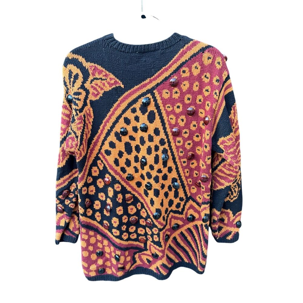 Vtg Adrienne Vittadini Art Deco Beaded Sweater Sz M Patchwork Oversized Cotton - Picture 7 of 8